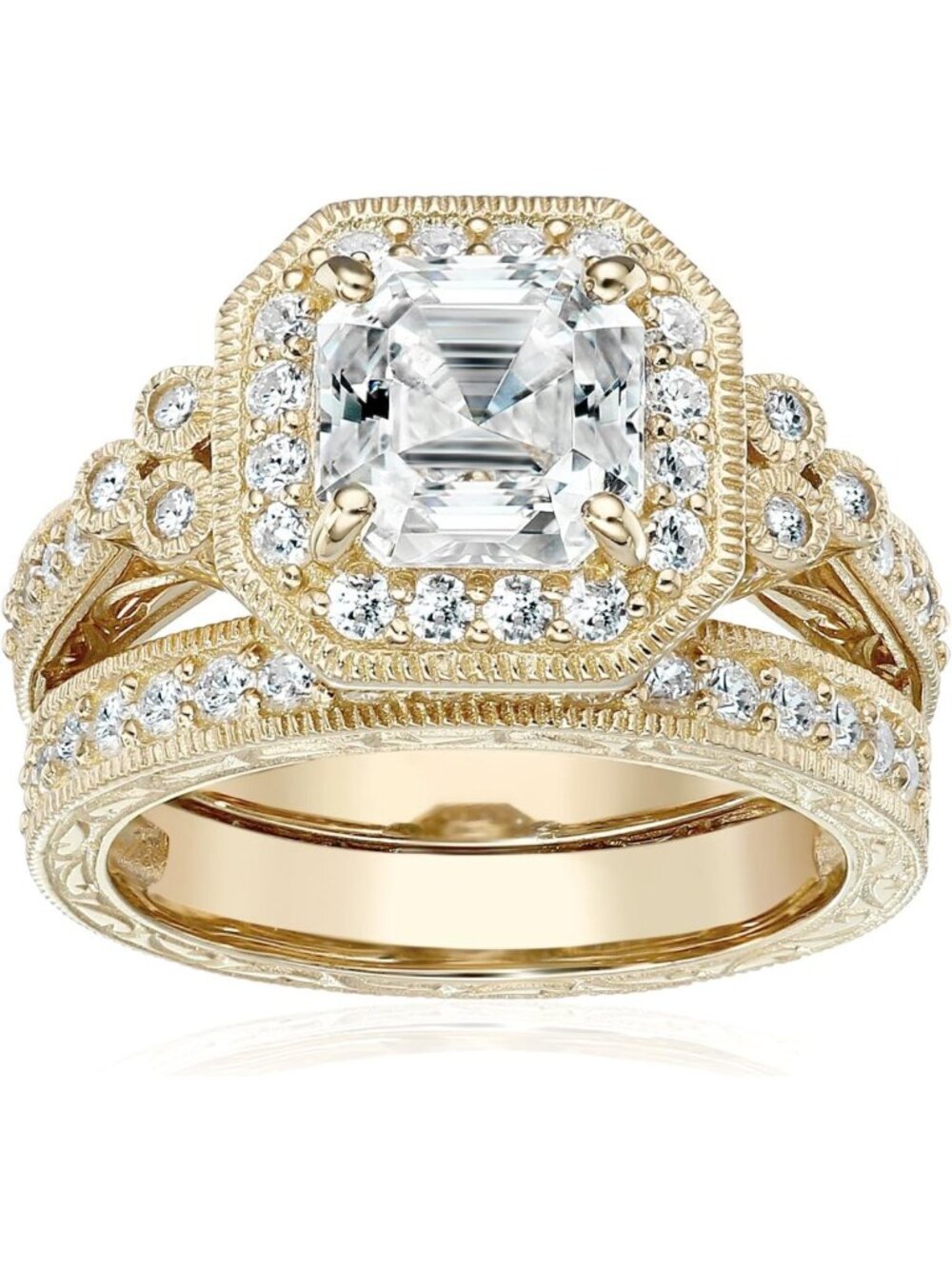Antique Sterling Silver Ring Set with Asscher-Cut Cubic Zirconia - Gold/Silver